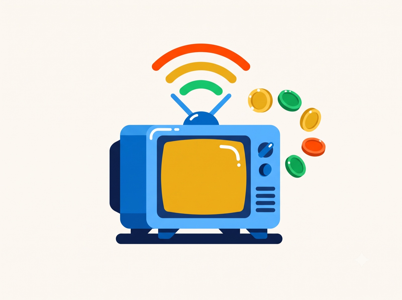 Television broadcasting colorful signal waves with coins floating toward it, representing commercial airtime costs