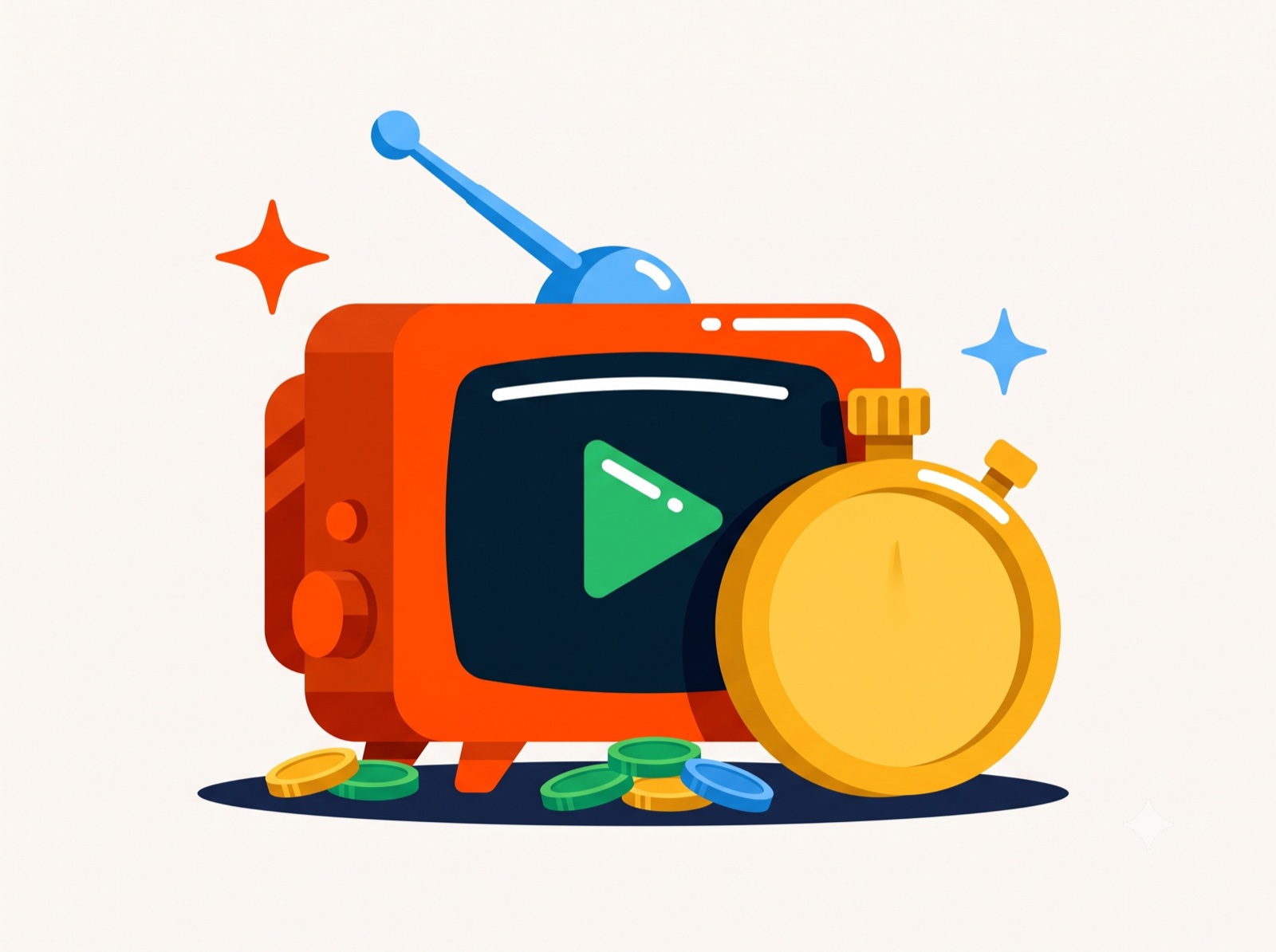 Flat illustration of a retro TV with a play button, a gold stopwatch and coins, representing the cost of a 30-second commercial