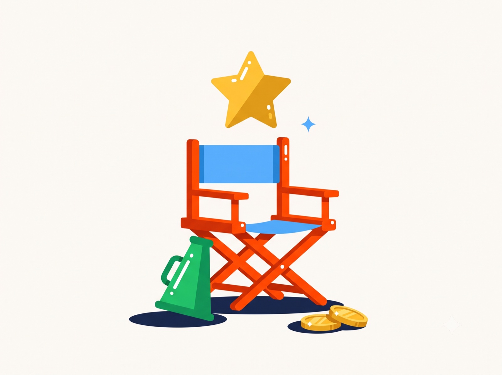 Director's chair with a gold star above it and a megaphone beside it, representing what commercial actors get paid