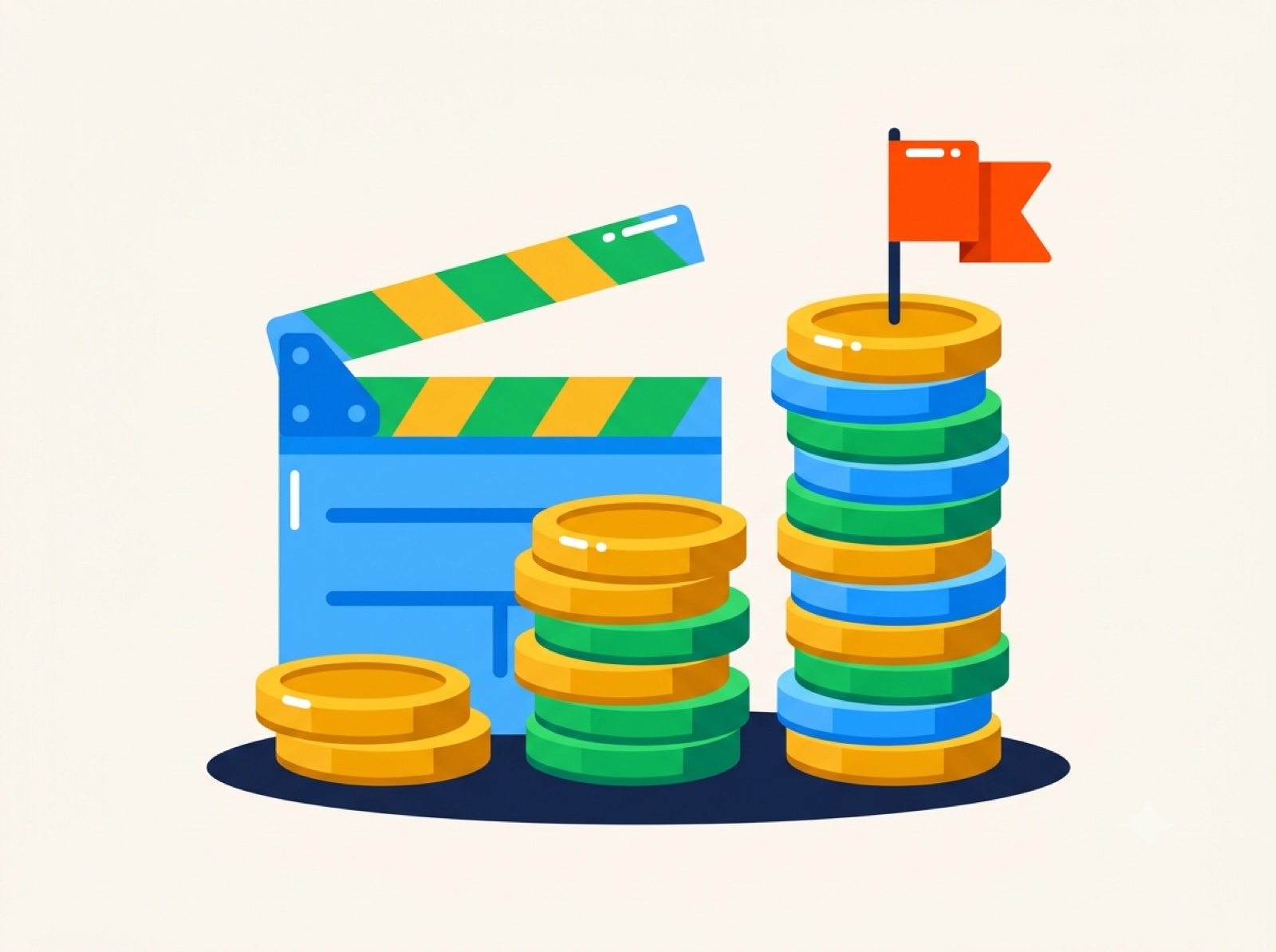 Coin stacks rising from small to large beside a film clapperboard, showing commercial production cost tiers