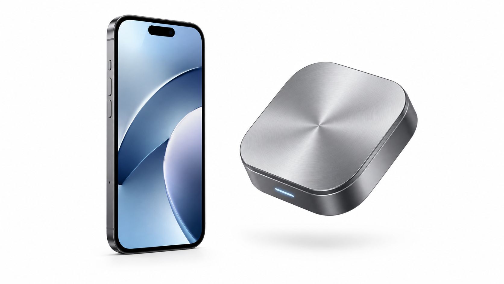 A smartphone beside a floating brushed metal square wireless charger on a white background