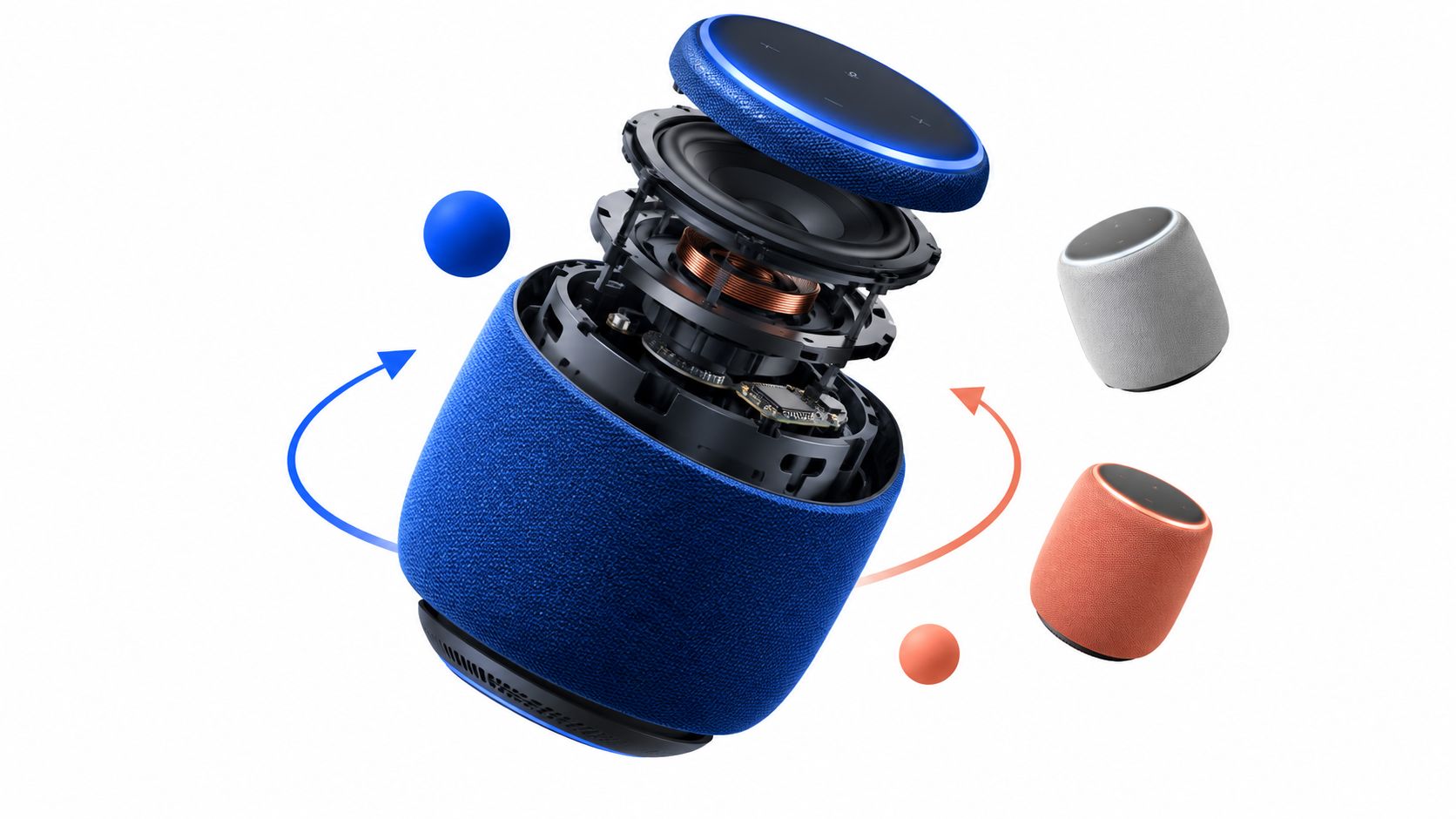 Exploded 3D render of a blue smart speaker showing its driver and internal parts, with color variants floating beside it