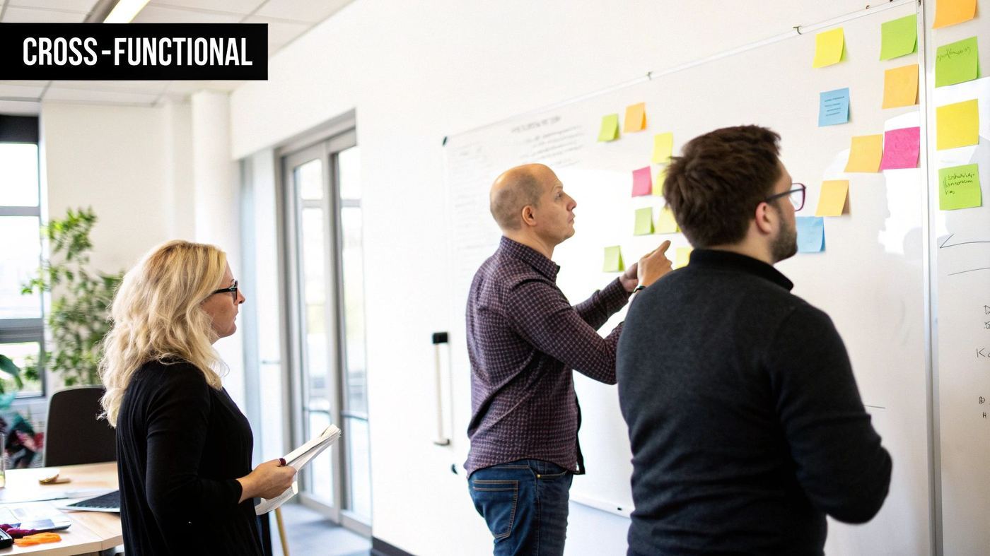 A group of colleagues collaborating and writing on a whiteboard.