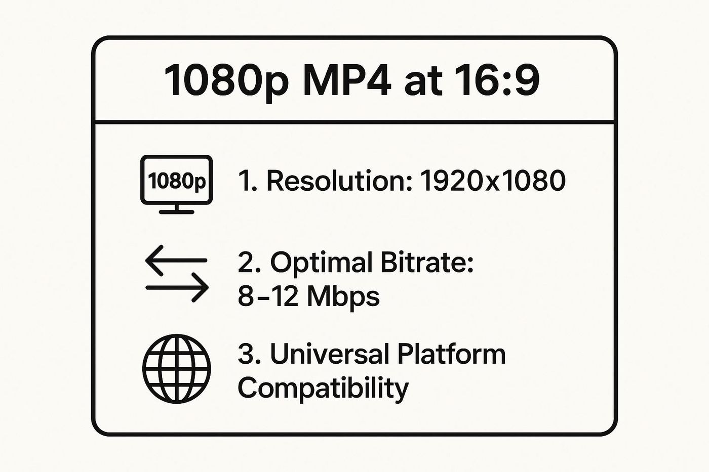 Infographic showing key data about 1080p MP4 at 16:9, highlighting its 1920x1080 resolution, 8-12 Mbps optimal bitrate, and universal platform compatibility.
