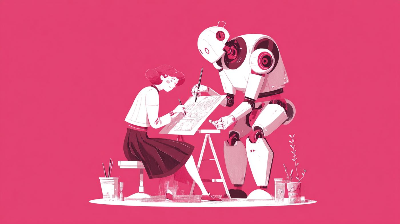 Flat-icon illustration of a human hand and a robot hand each holding a design pen over a shared artboard, in a warm flat style