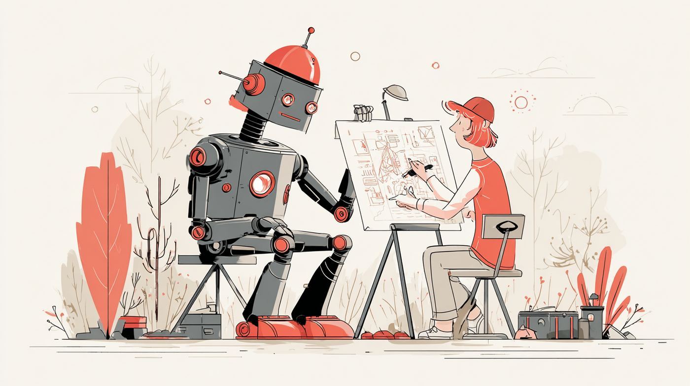 Illustration of a human designer working alongside a robot at an easel