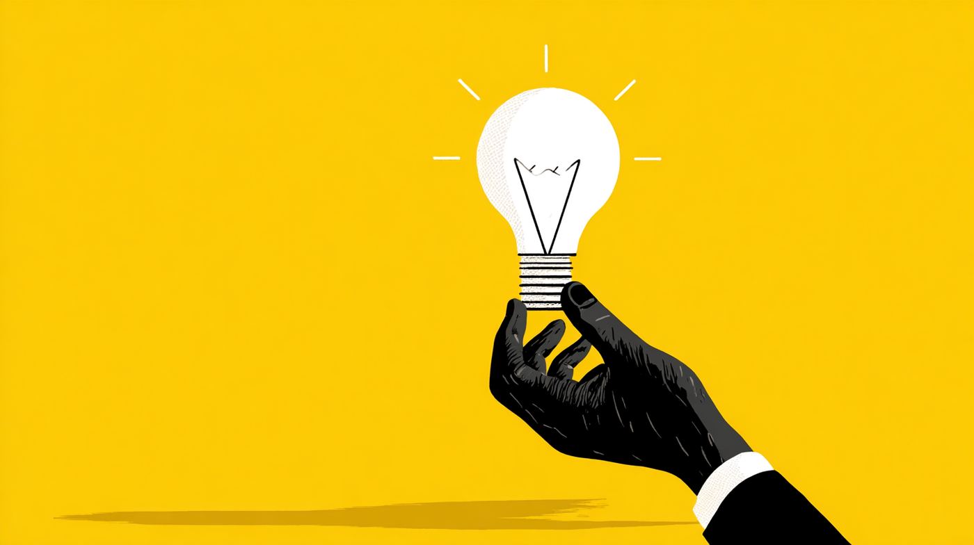 Illustration of a hand holding a glowing lightbulb representing a creative idea