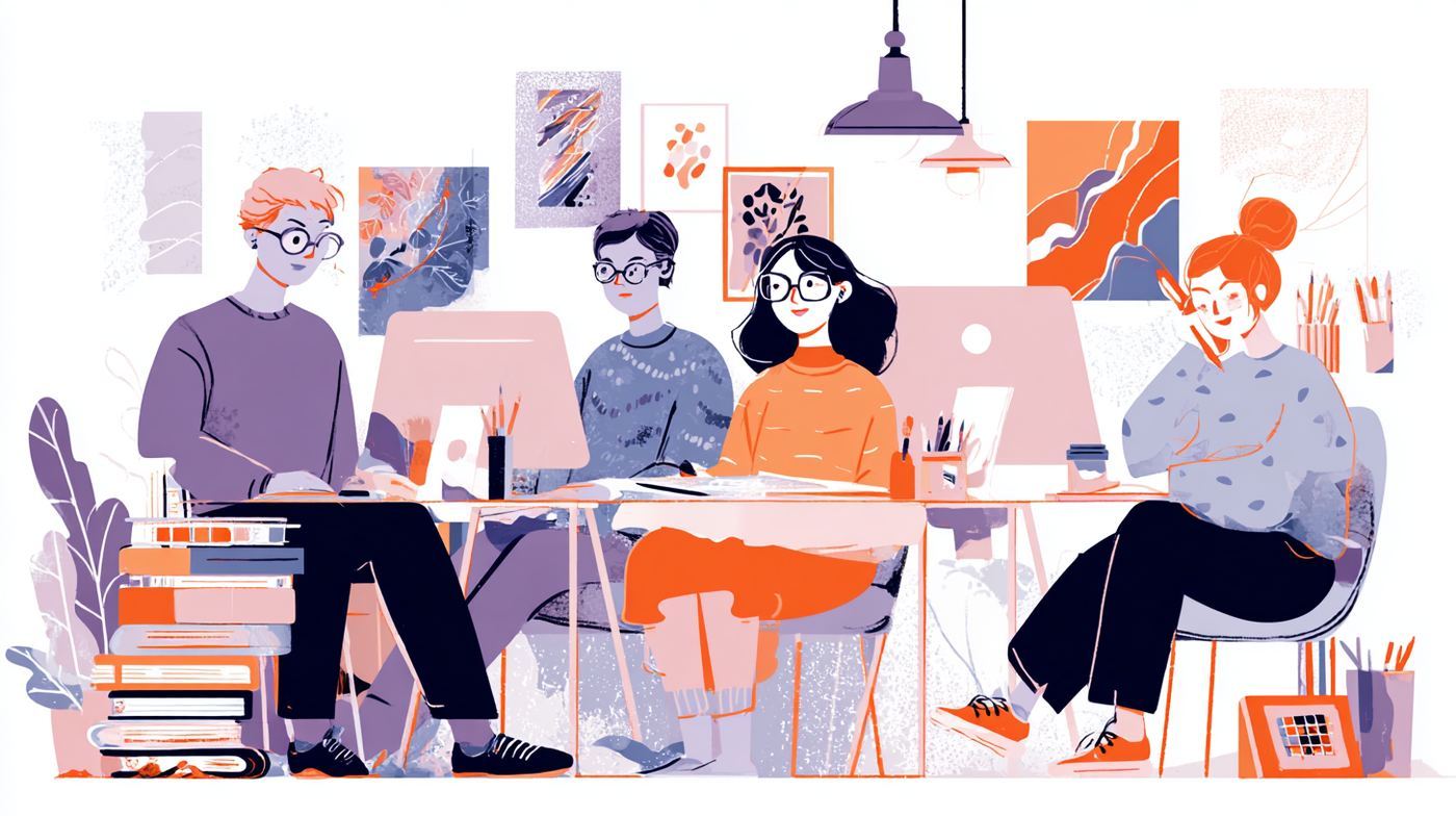 Illustration of a creative design team working together at a studio desk