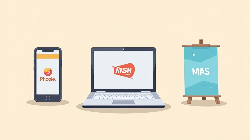 Three branding platforms displayed on smartphone, laptop, and presentation board with company logos