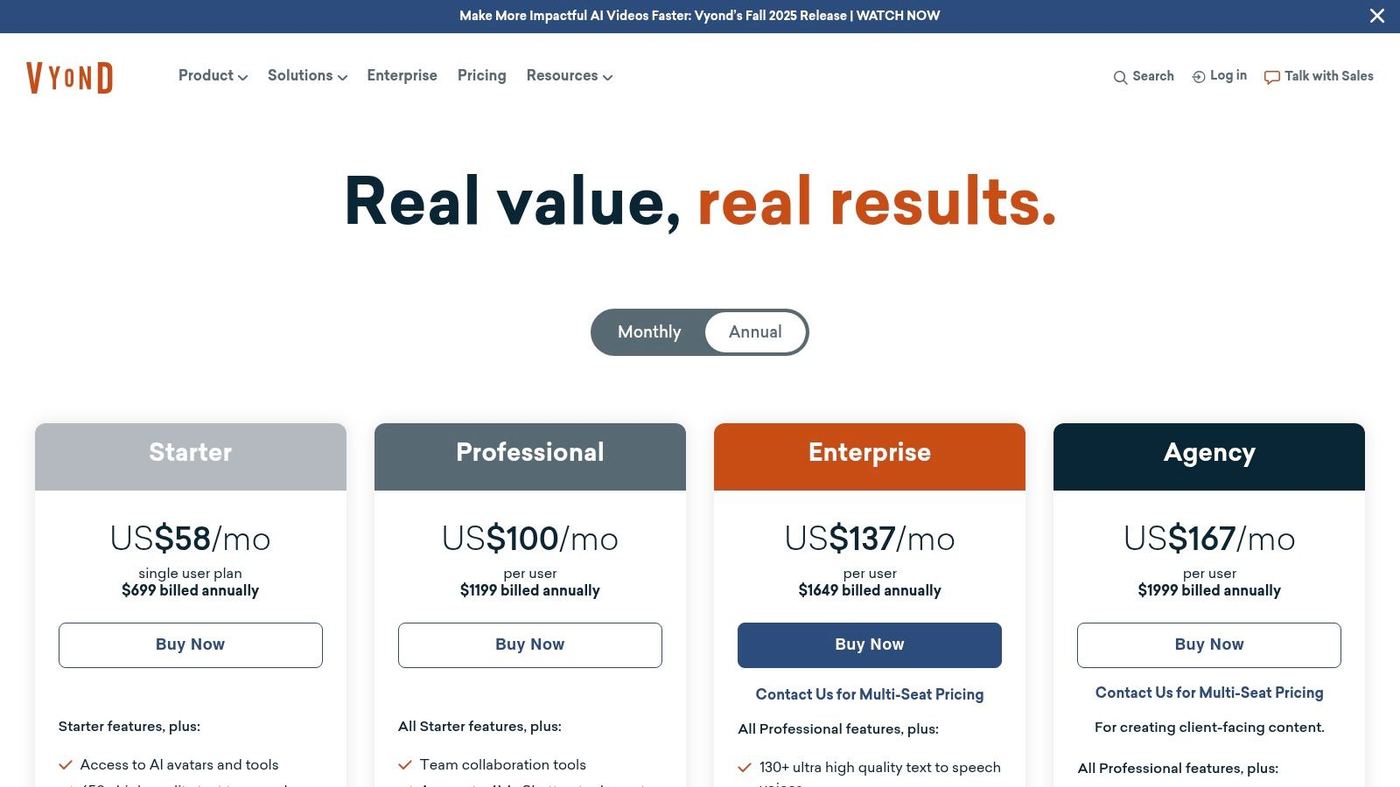 Vyond's pricing plans for its DIY animation platform