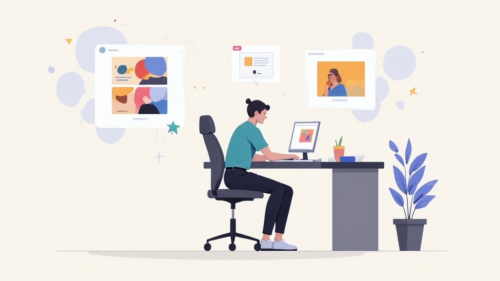 Illustration of a person using a computer at a desk with floating digital content elements.