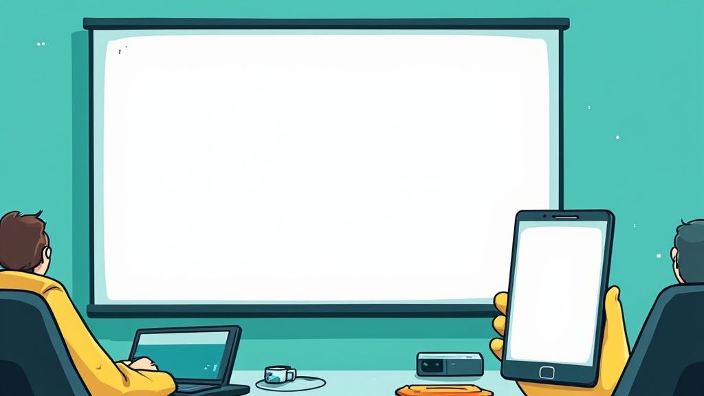 Two people in a meeting room watching a blank presentation screen with a laptop and phone.