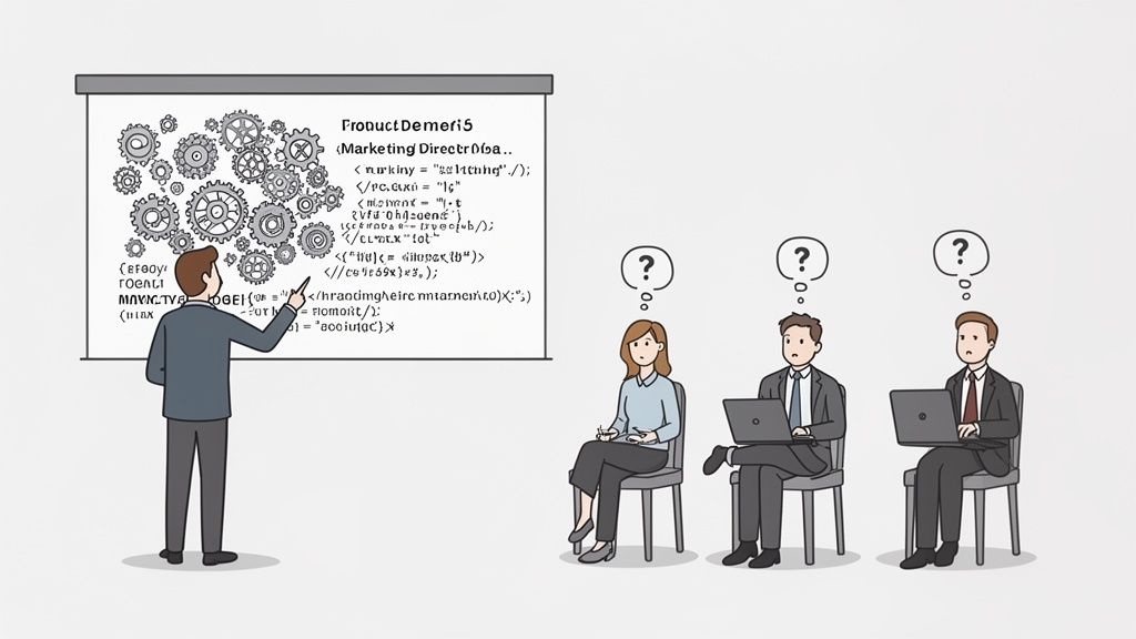 A man presents complex gears and code on a whiteboard to a confused, non-technical audience.
