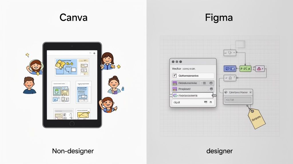 Comparison of Canva for non-designers with easy templates and Figma for professional UI/UX designers.