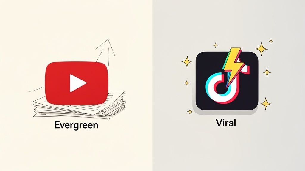 Illustration comparing YouTube's evergreen content strategy with TikTok's viral content strategy.