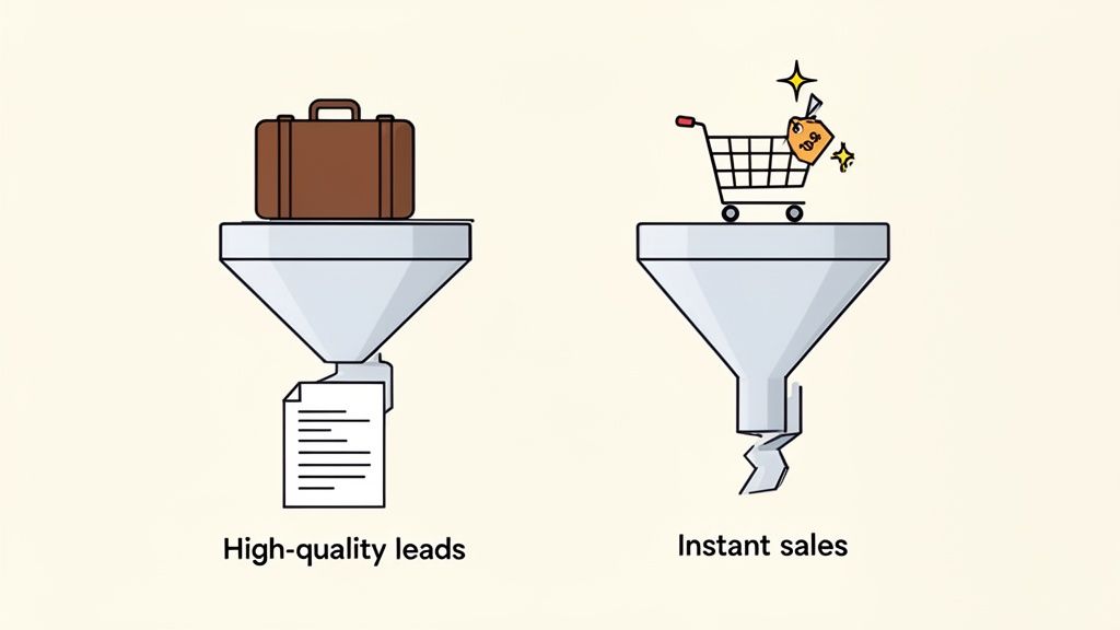 Two funnels illustrate marketing strategies: one generating high-quality leads, the other showing broken instant sales.