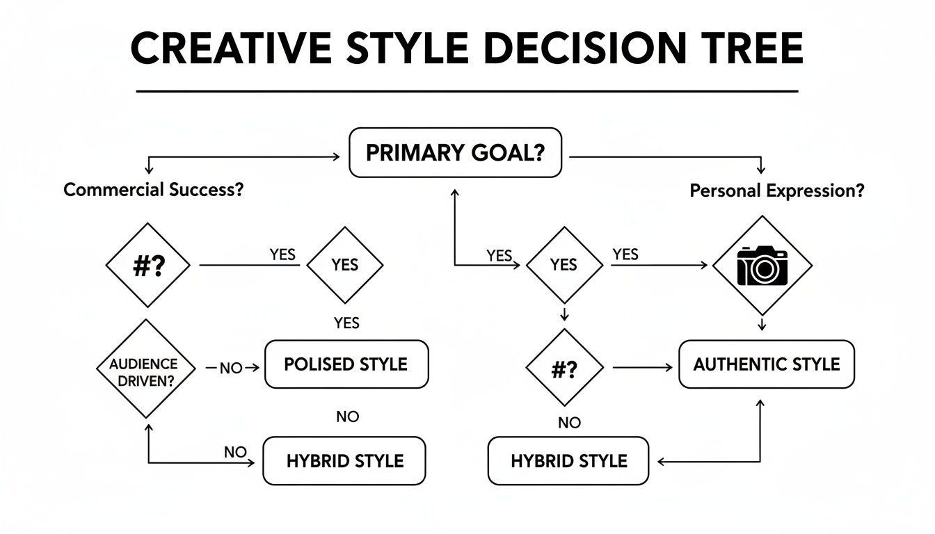 A flowchart titled 'Creative Style Decision Tree' outlining paths to polished, authentic, or hybrid styles.