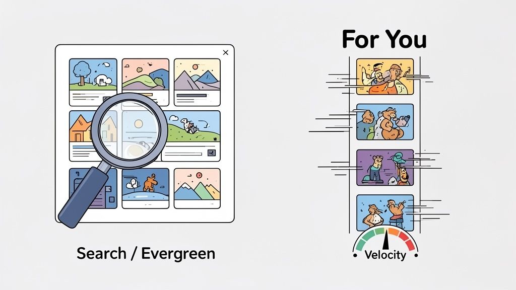 An illustration comparing 'Search / Evergreen' content using a magnifying glass icon, versus 'For You' feed content with a velocity meter.