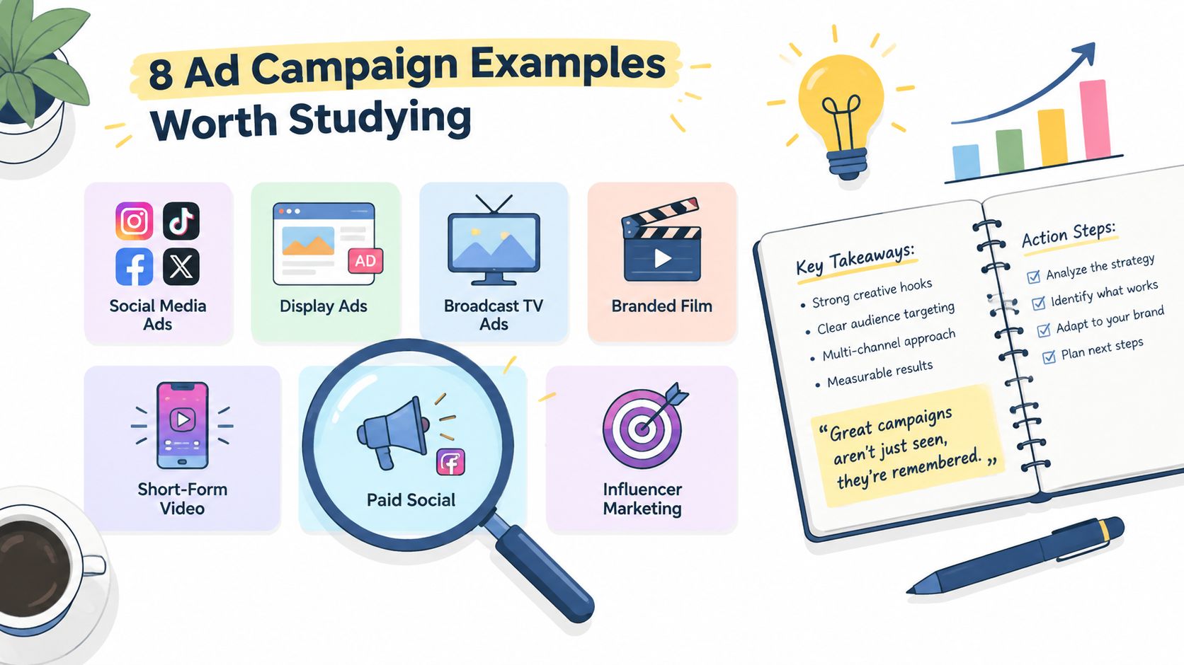 Illustrated overview of ad campaign channels including social media, display, TV, and branded film