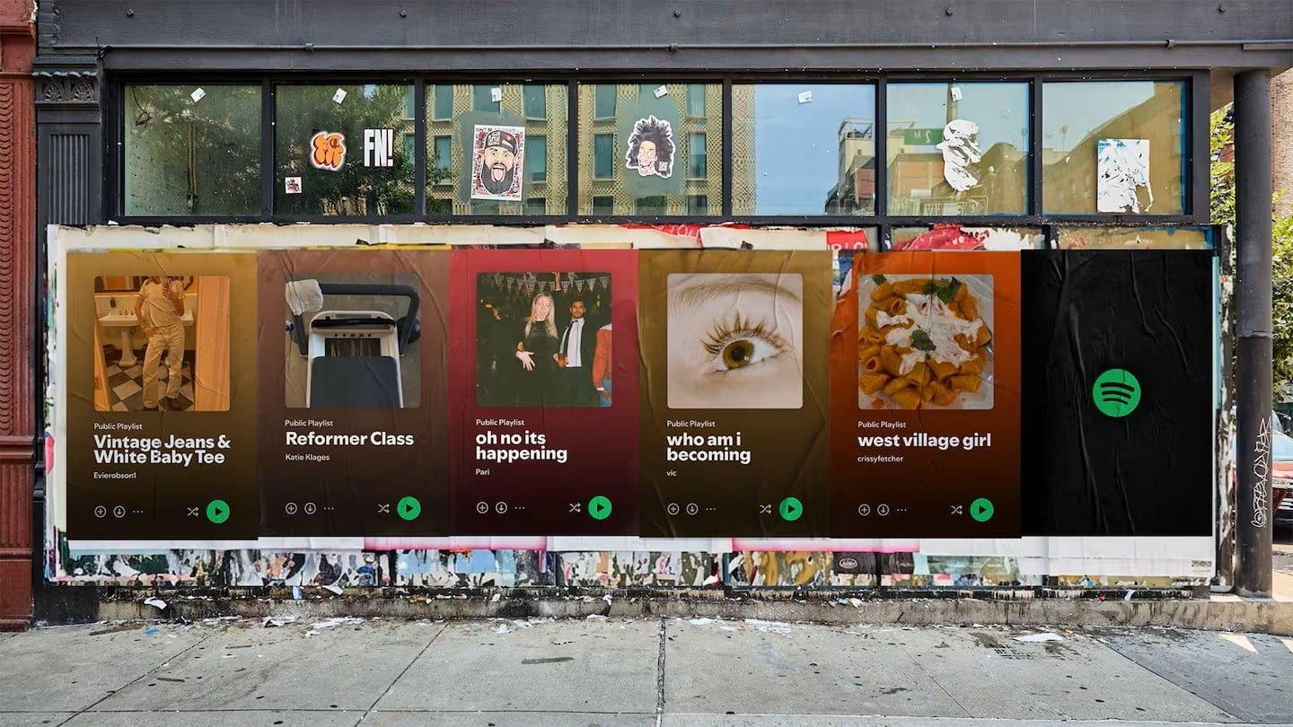 Spotify street posters showing real public playlist titles including "west village girl", "oh no its happening" and "who am i becoming"