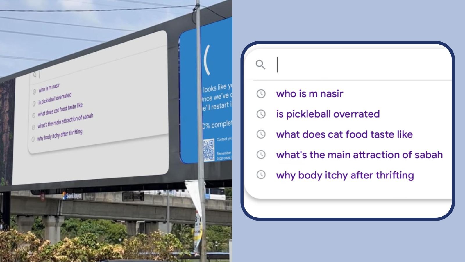 Samsung Malaysia billboard styled as a search box with recent searches such as "who is m nasir" and "what does cat food taste like"