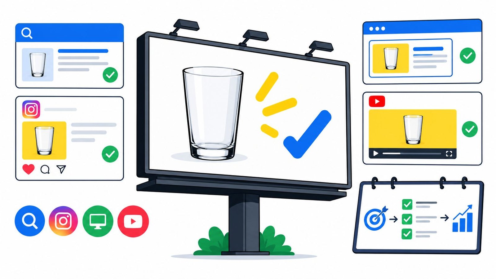 Flat illustration of a billboard showing an empty glass, surrounded by search, social and video ad cards