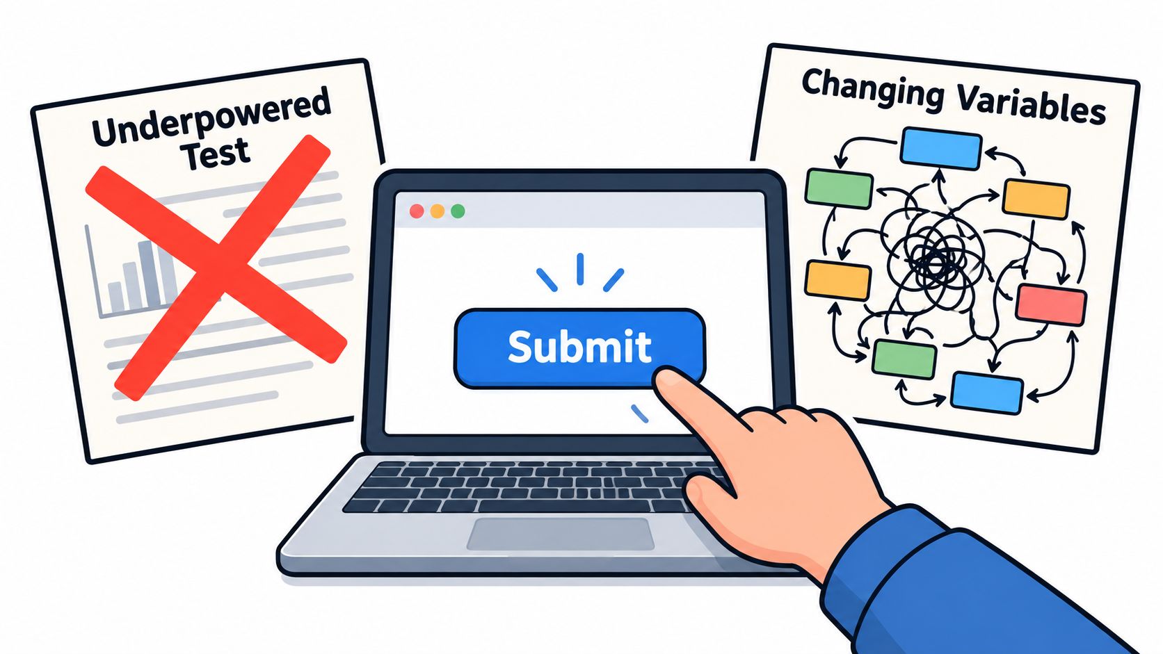 Illustration of a hand clicking submit on a laptop between an underpowered test and a tangle of changing variables