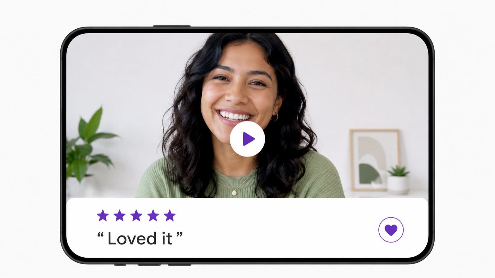A digital screen displaying a video testimonial from a happy customer with a five star rating.