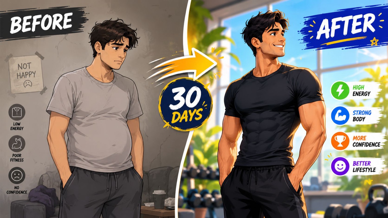 A split image showing a man's physical fitness transformation from an overweight, unhappy state to a muscular, fit one.