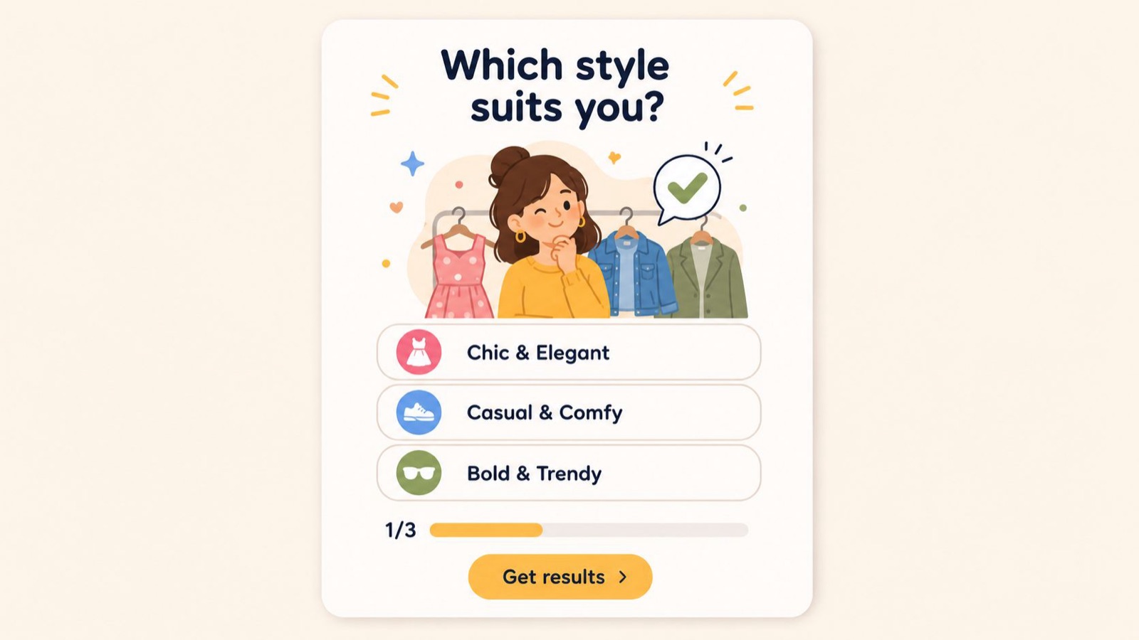 An interactive digital quiz interface asking 'Which style suits you?' with clothing choices and progress bar.