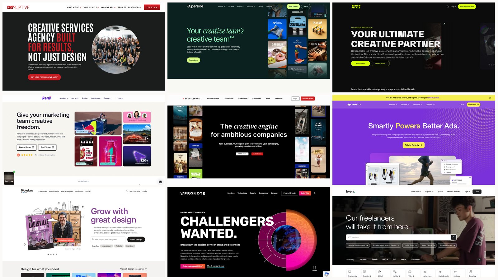 Collage of nine ad design service homepages: Disruptive Advertising, Superside, Design Pickle, Penji, Shuttlerock, Smartly, 99designs, Wpromote and Fiverr