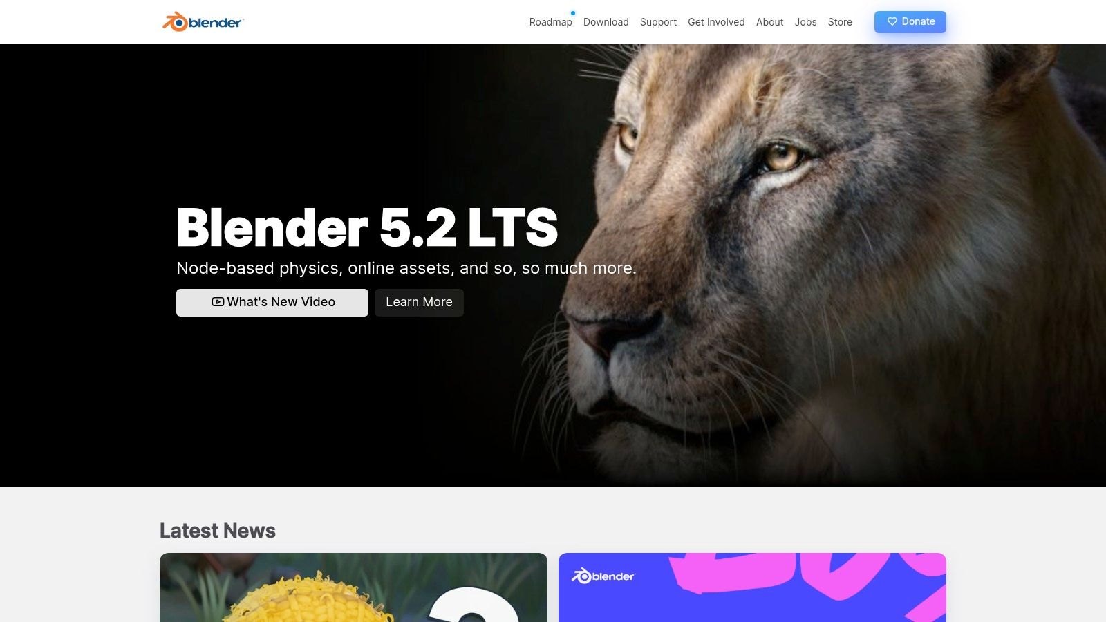 Blender homepage announcing Blender 5.2 LTS