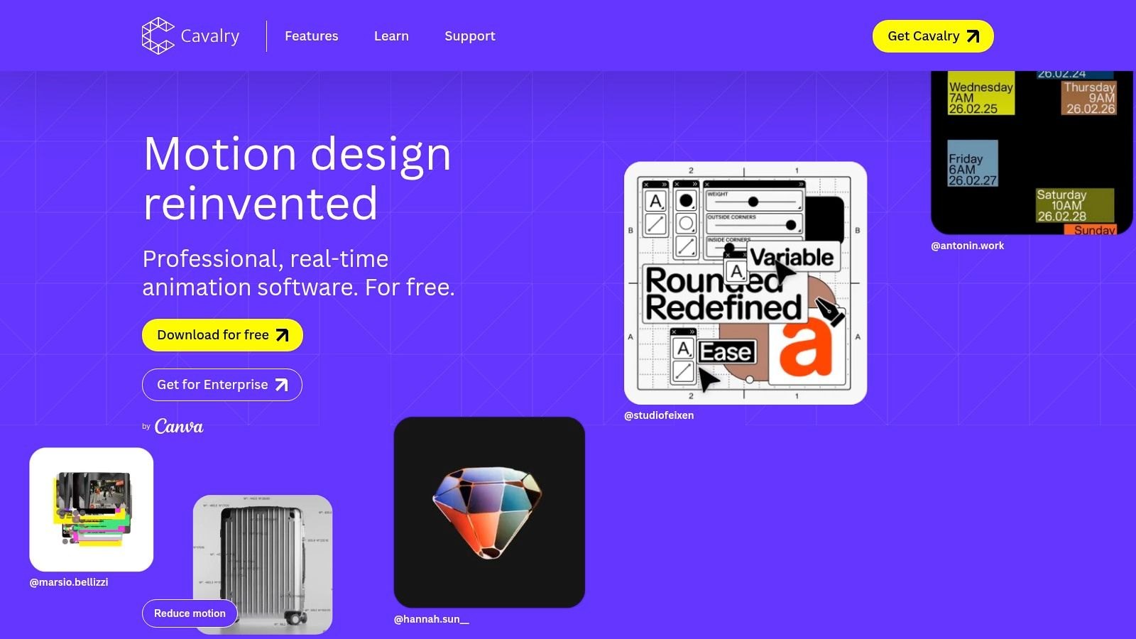 Cavalry homepage: professional, real-time animation software, free, by Canva