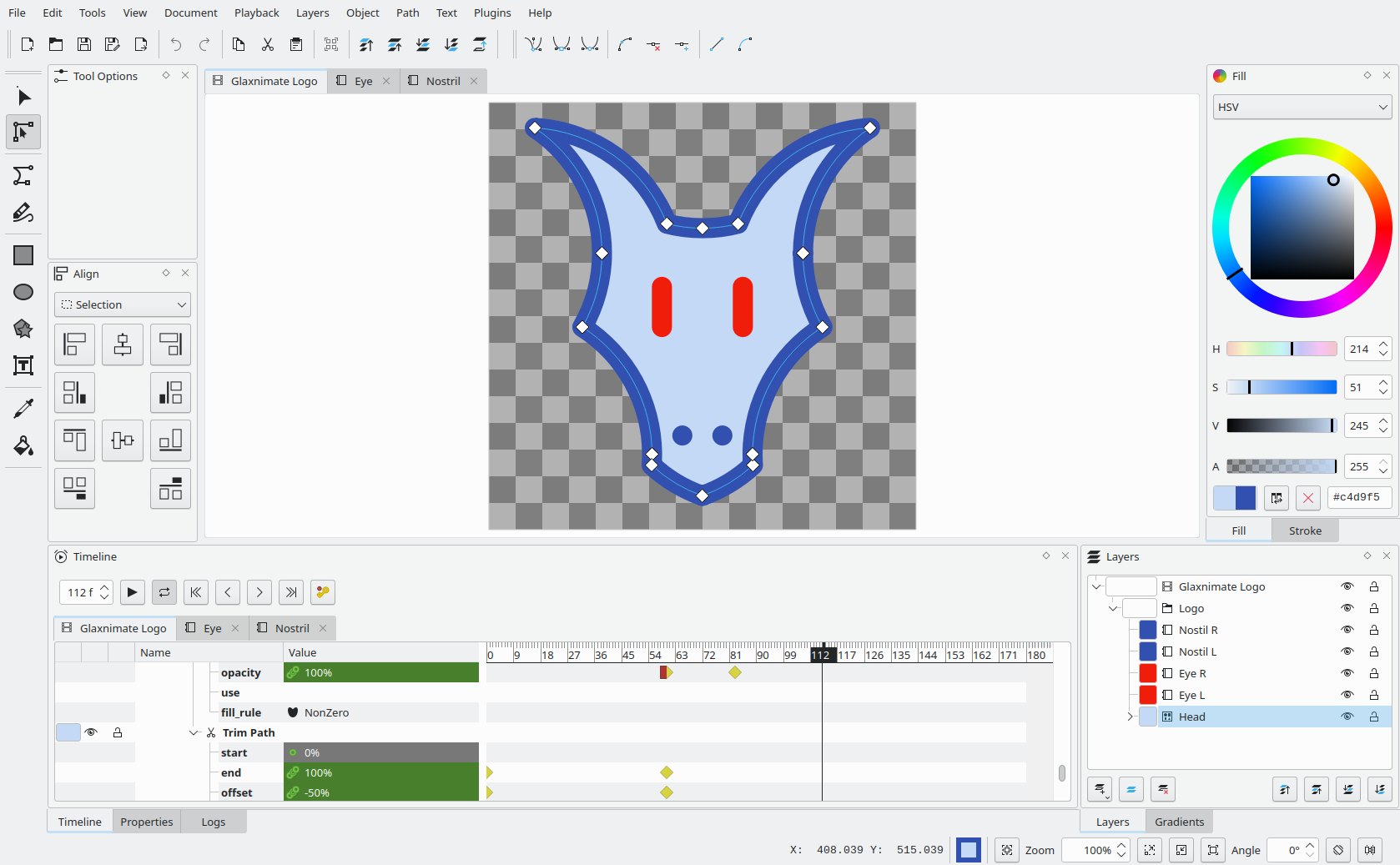 Glaxnimate's main window with a vector logo on the canvas and trim path keyframes on the timeline