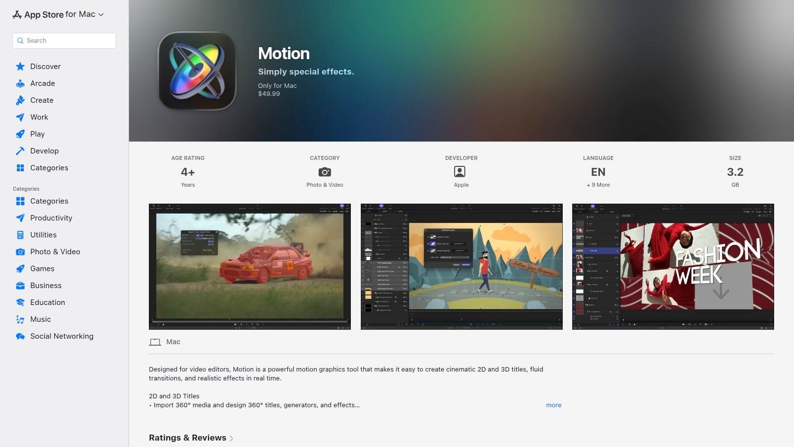 Apple Motion on the Mac App Store, listed at $49.99
