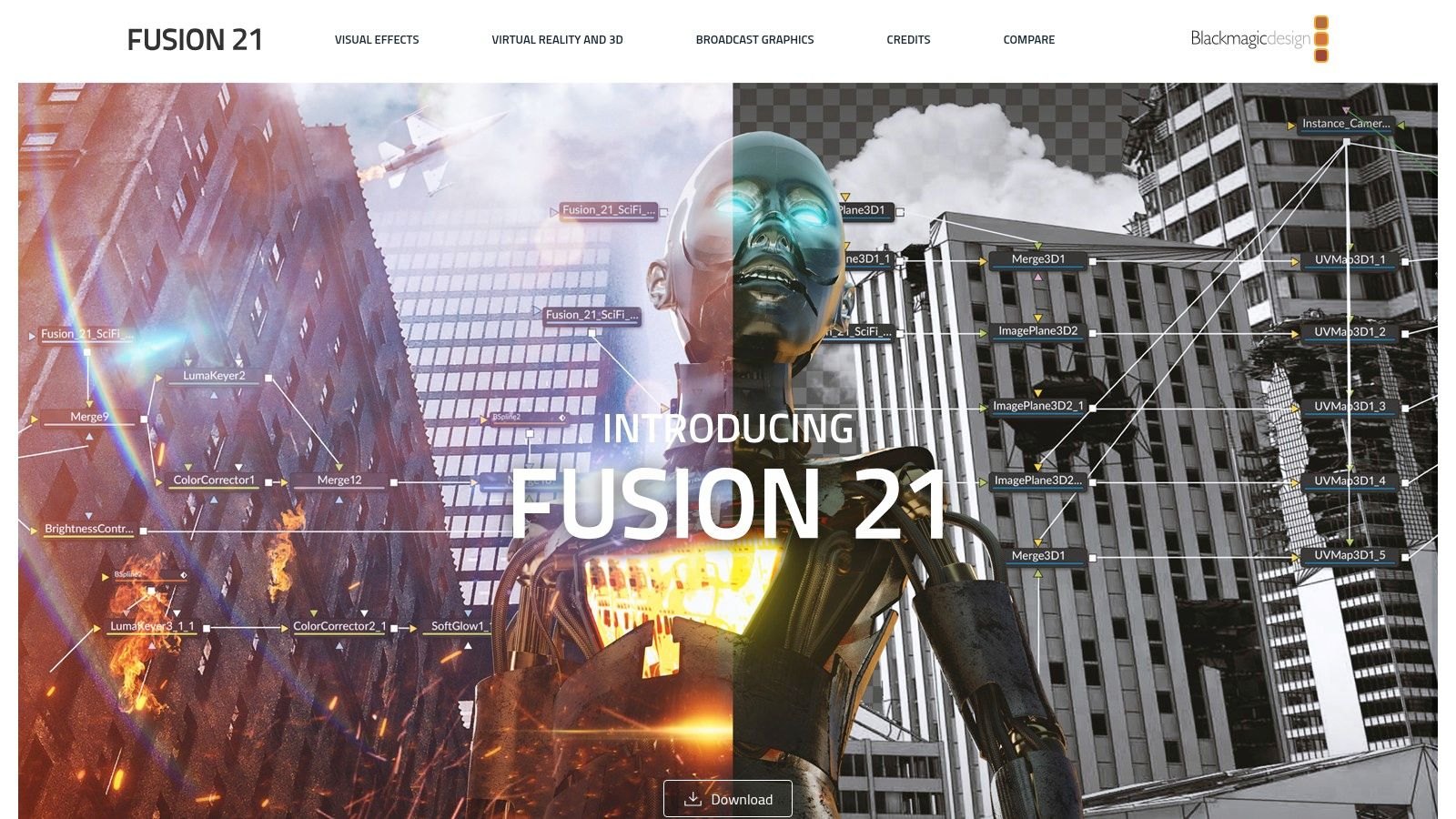 Blackmagic Design's Fusion 21 page, showing a composite next to its node graph