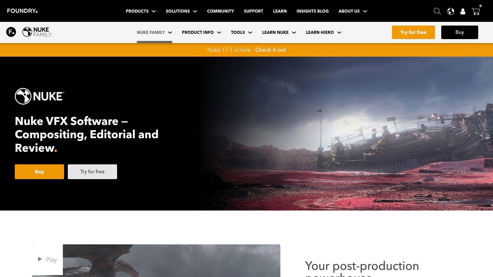 Foundry's Nuke product page announcing Nuke 17.1