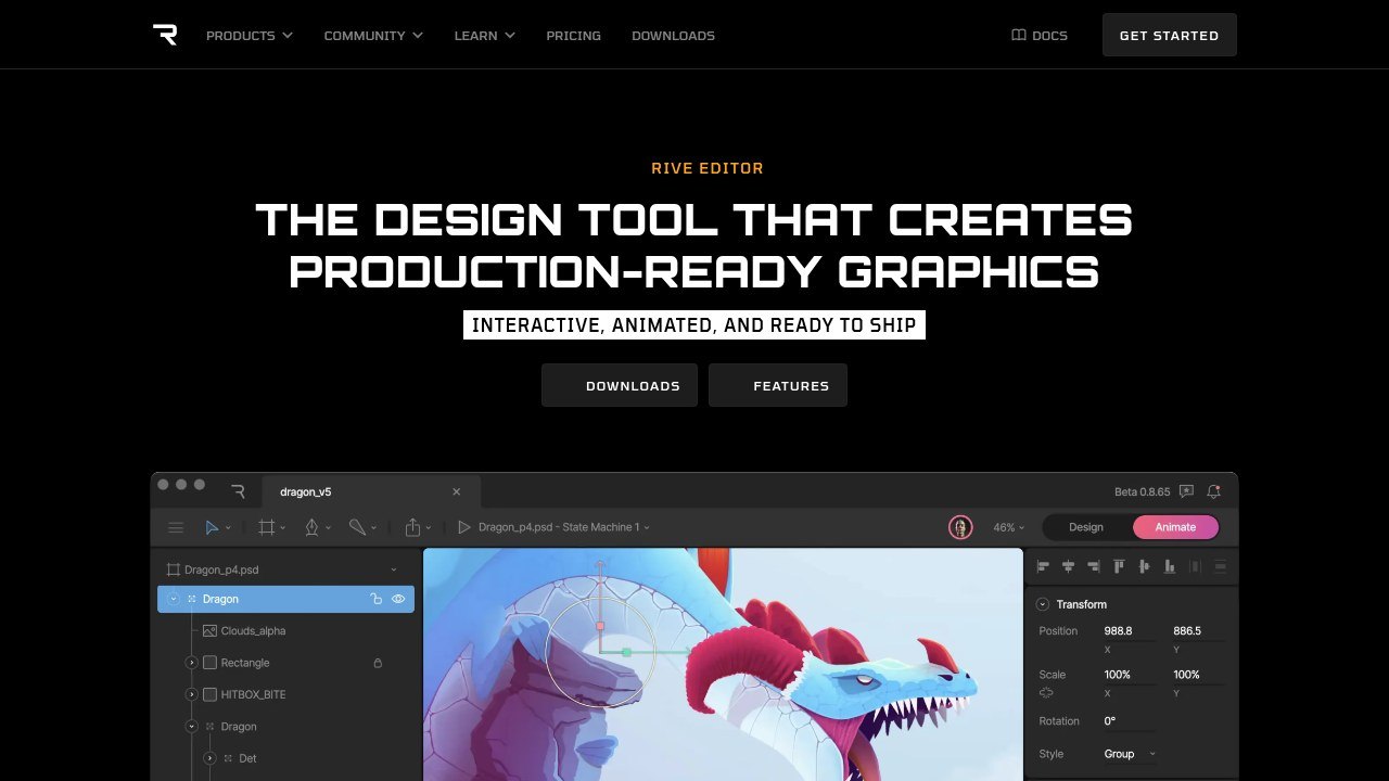 Rive Editor page showing a dragon character open in the editor