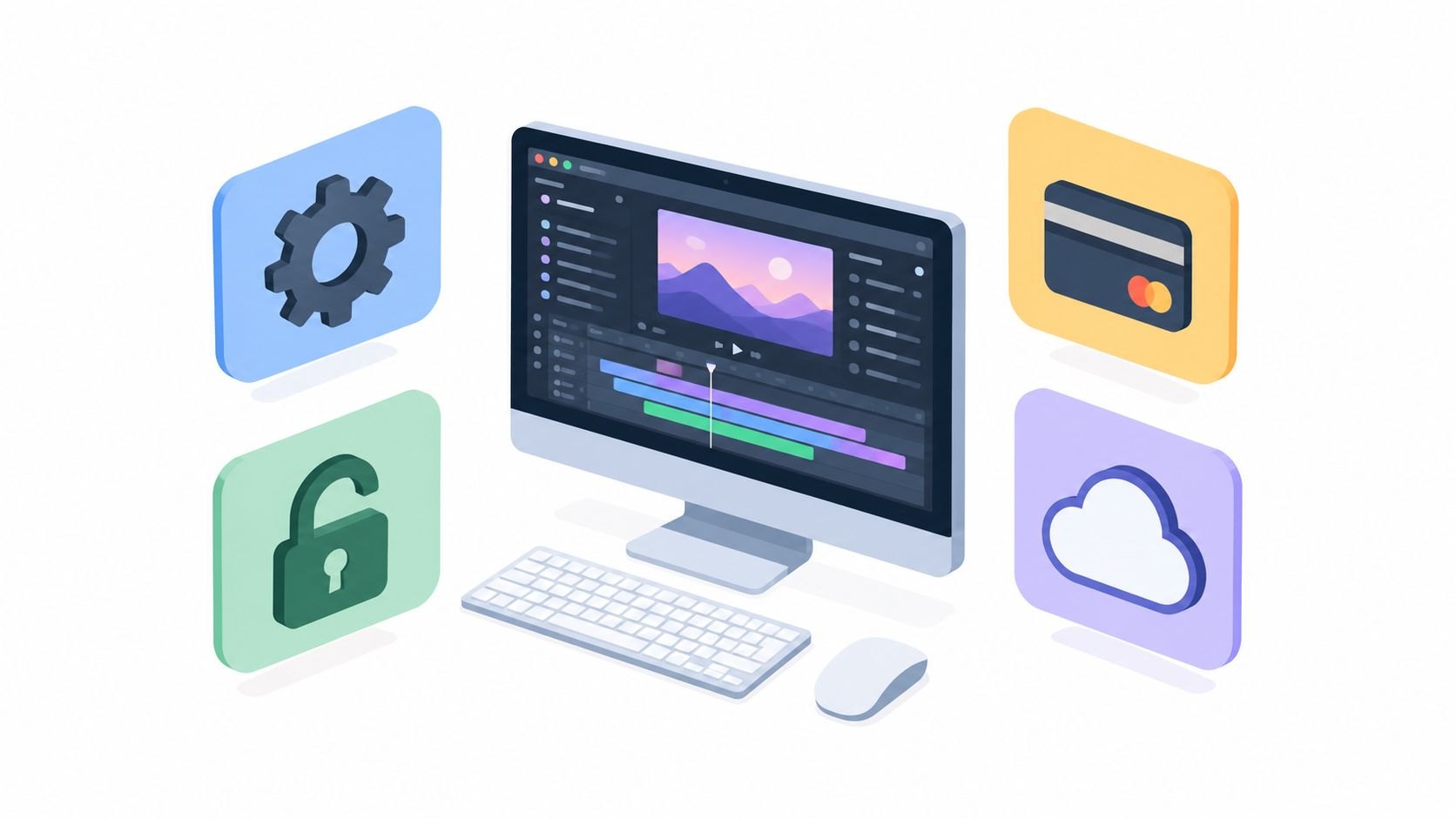 Flat illustration of a desktop computer showing a video timeline, flanked by tiles for settings, payment, an open lock and cloud storage