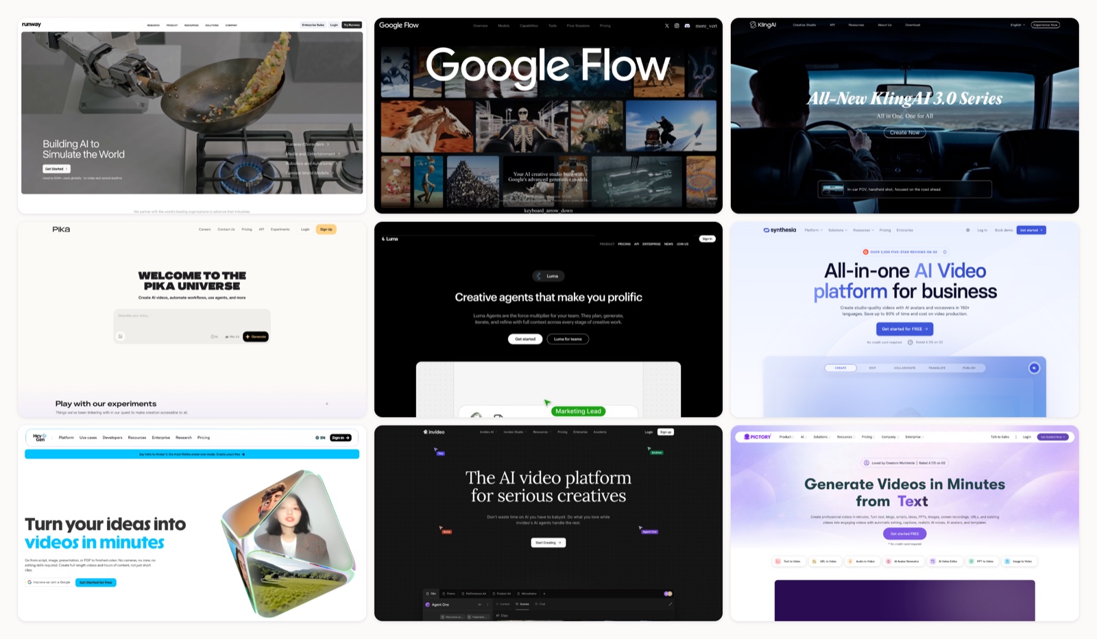 A grid of ai tools text into video homepages