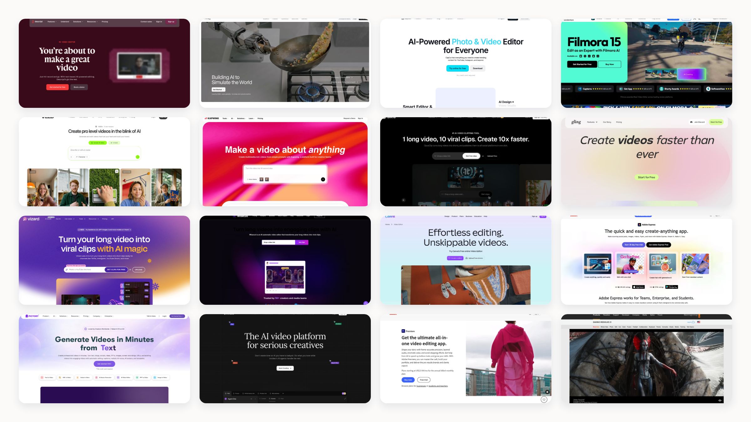 Collage of sixteen leading AI video editor homepages