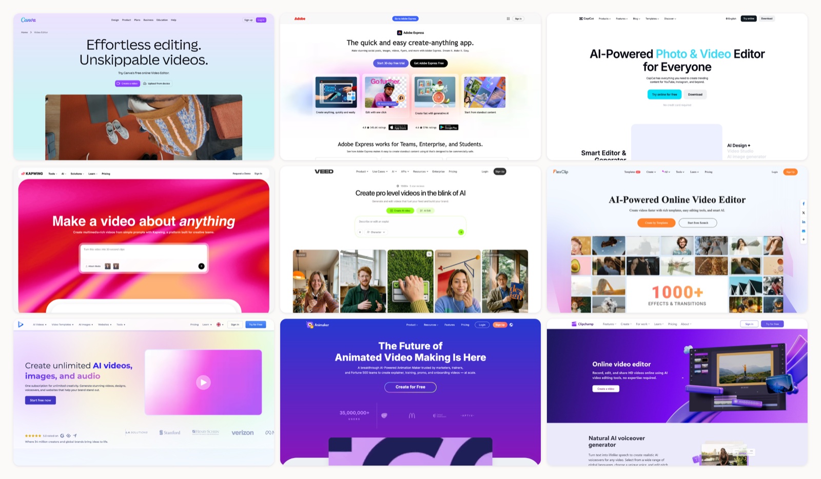 A grid of animate text online homepages