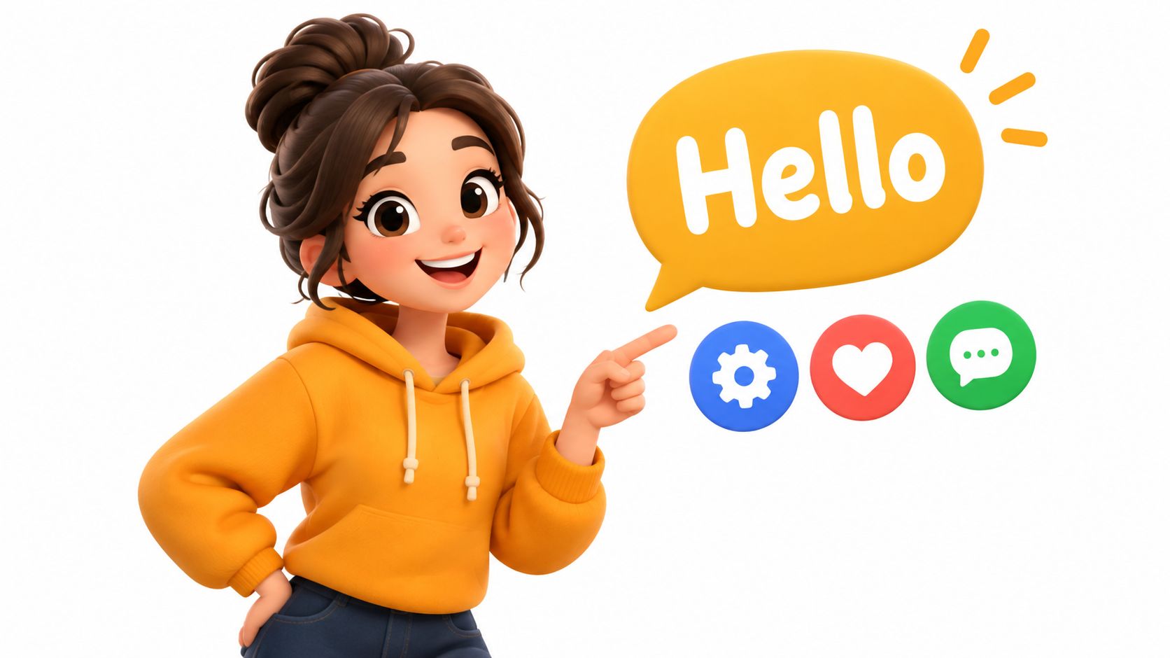 A 3D cartoon girl in an orange hoodie pointing at a speech bubble saying Hello and social icons