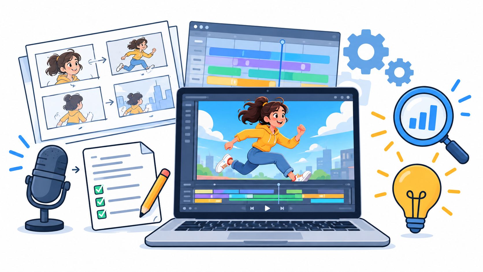Flat illustration of an animated explainer video in production, with storyboard frames, a script, a microphone and an editing timeline on a laptop