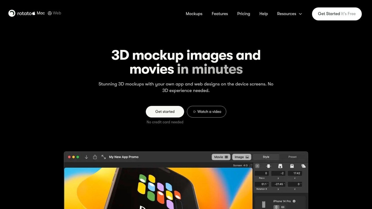 Rotato homepage: 3D mockup images and movies in minutes, with the Mac editor below