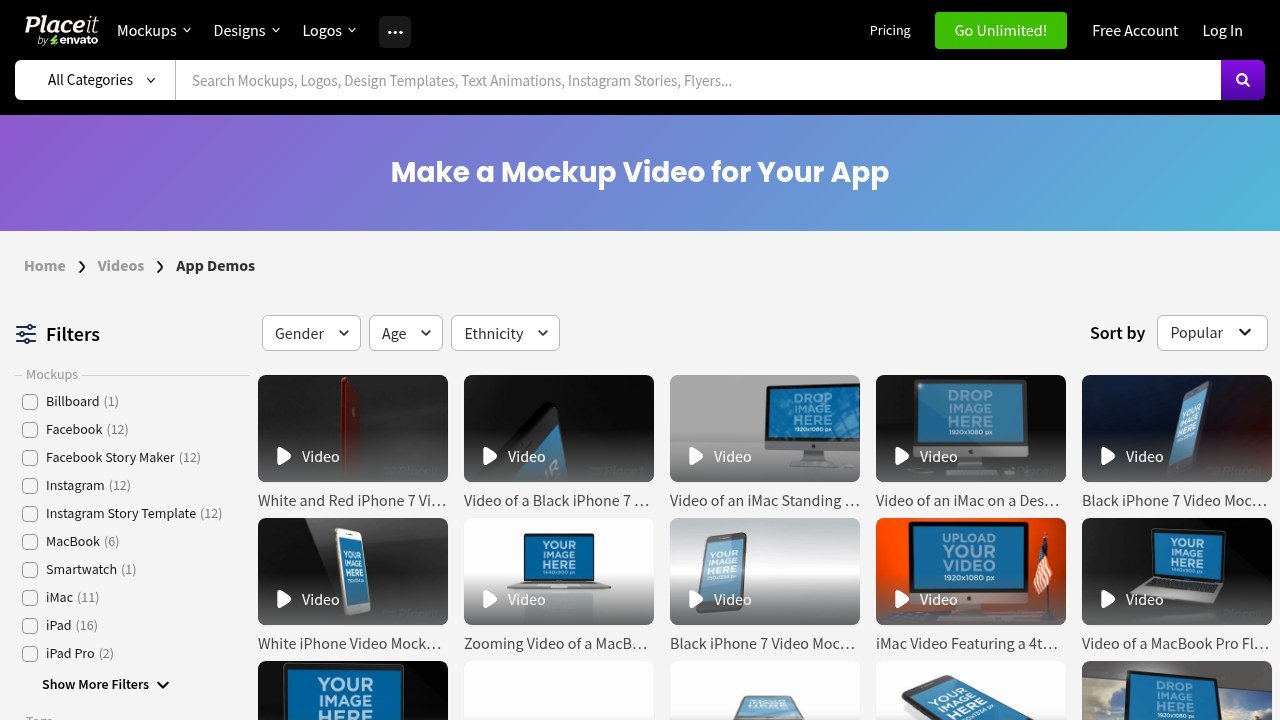 Placeit's app demo video mockups page with a grid of iPhone, iMac and MacBook video templates