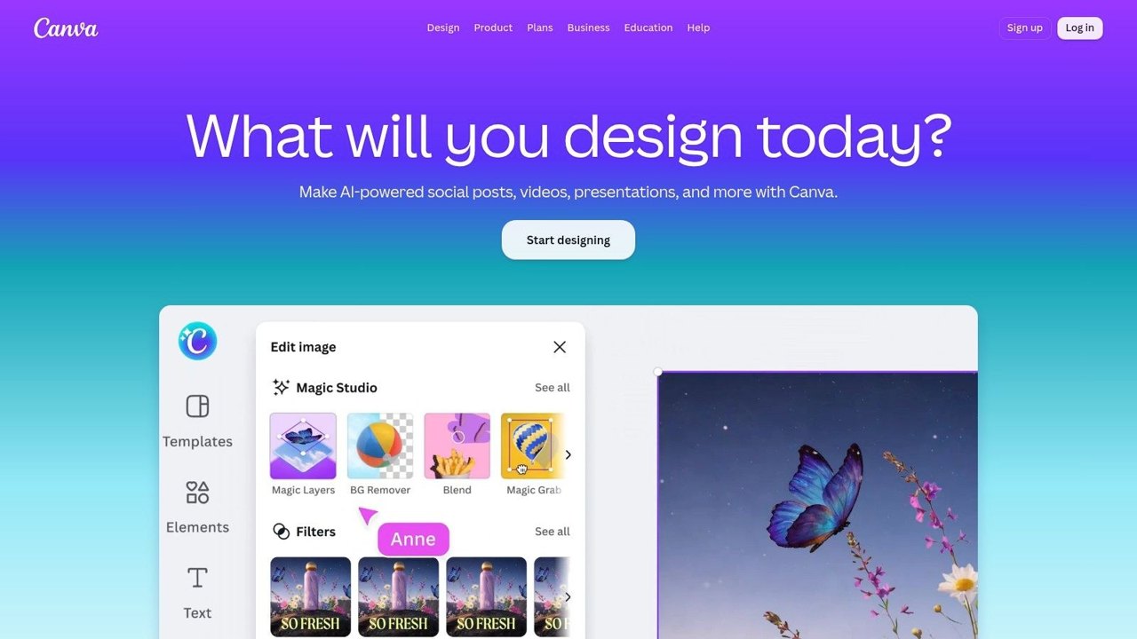 Canva's homepage with its editor open, showing Magic Studio image tools