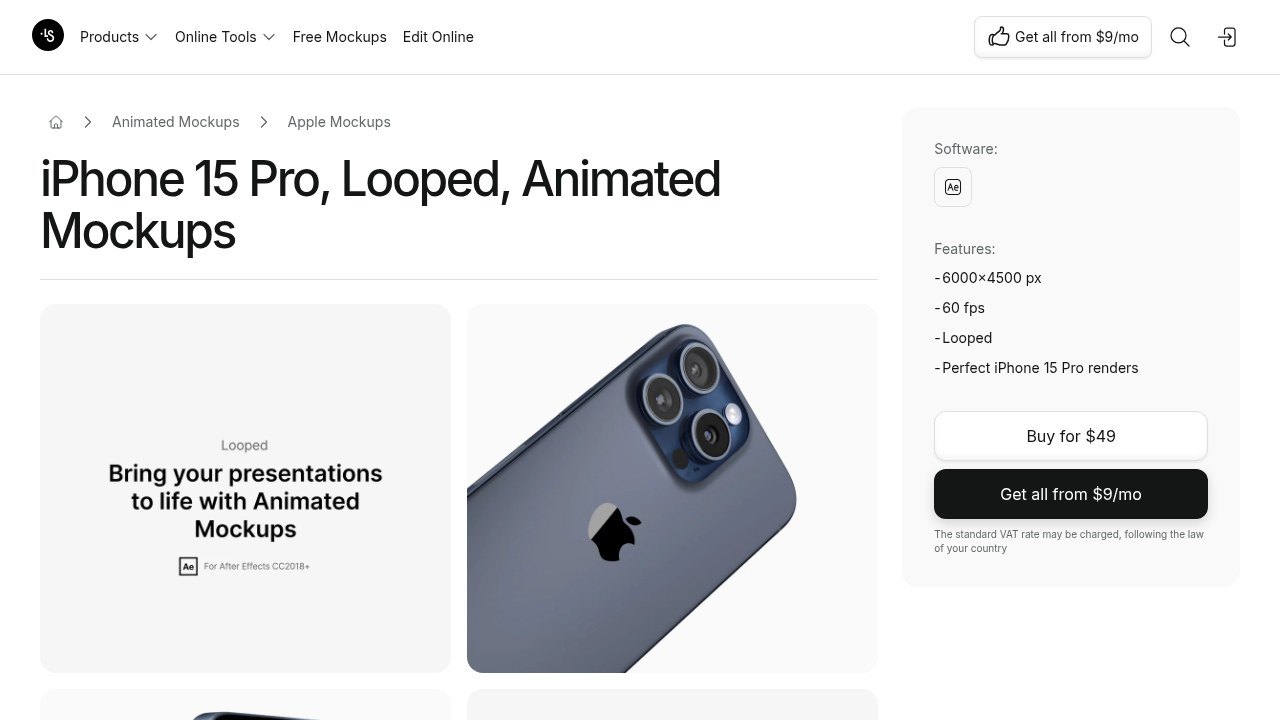 ls.graphics product page for iPhone 15 Pro looped animated mockups, for After Effects, $49