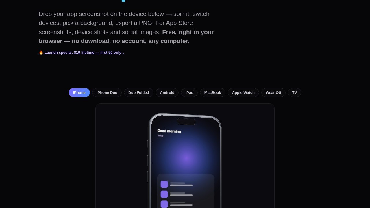 Screen Stage homepage with device tabs and a 3D iPhone you can drop a screenshot onto