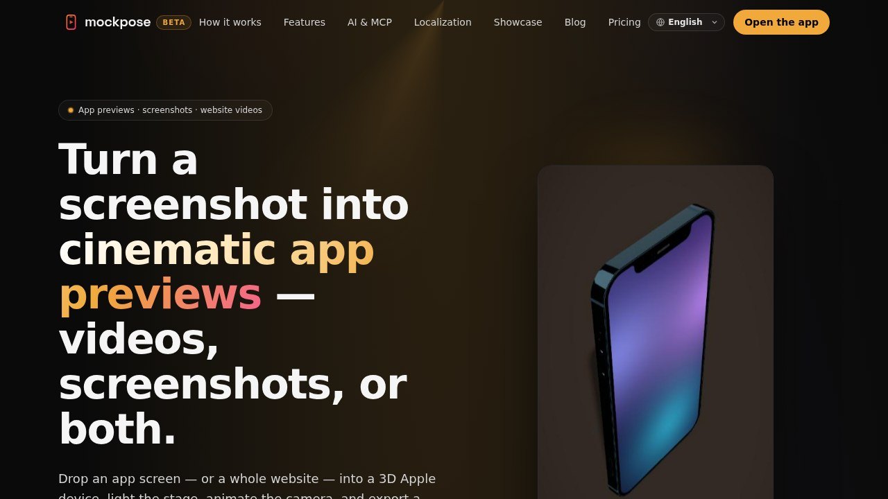 Mockpose homepage: turn a screenshot into cinematic app previews, with a 3D iPhone on the right